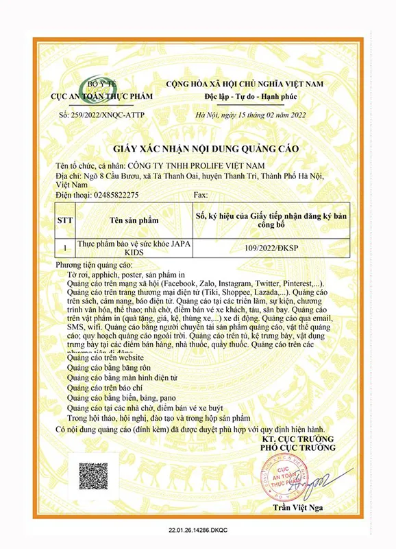 Giấy xác nhận nội dung quảng cáo Japa Kids